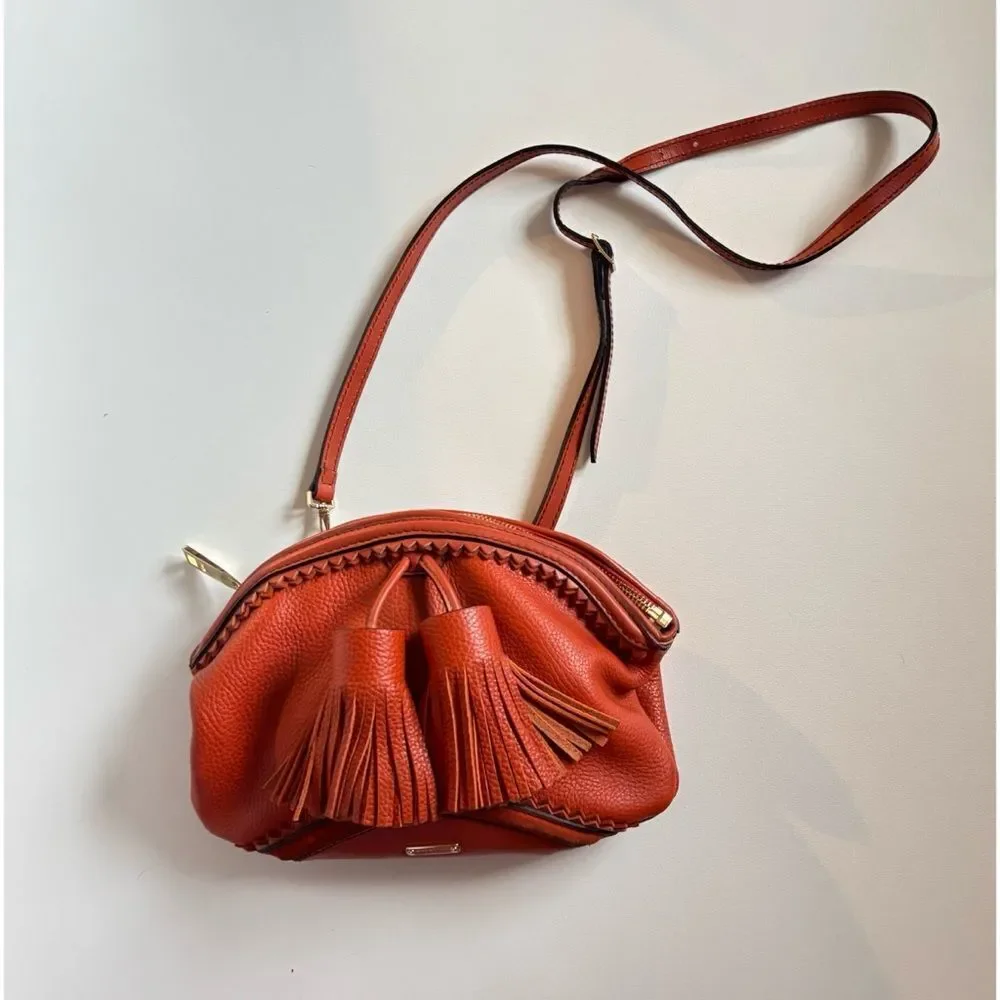 Authentic BURBERRY PRORSUM Tassel Calf Crescent leather Crossbody Bag in Orange